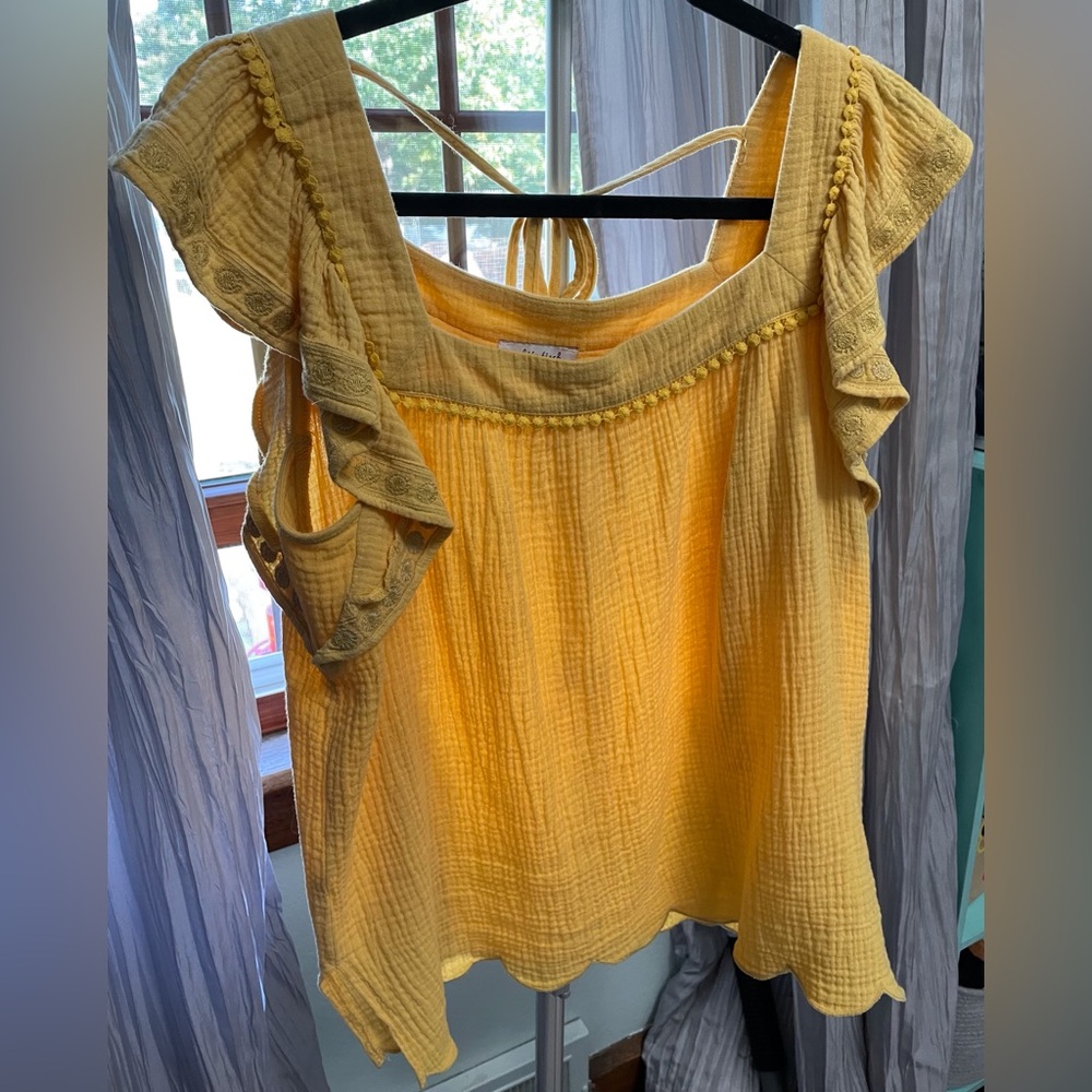White Birch, yellow, flutter sleeve blouse